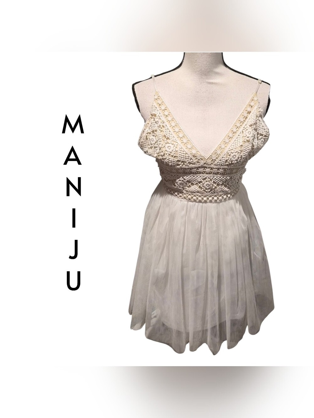 Maniju White Crochet Bodice Tulle Mini Dress Nwt Size Medium